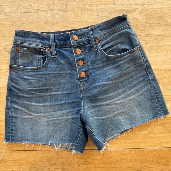 Madewell High Rise Denim Shorts Womens 25 Distressed Frayed Raw Hem Button Fly - Picture 2 of 12